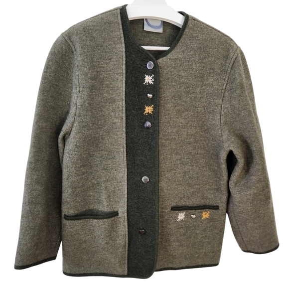 BURGFRIED Vintage Austrian Boiled Wool Cardigan  Green/Olive Embroidery  Size 38 - Picture 2 of 13